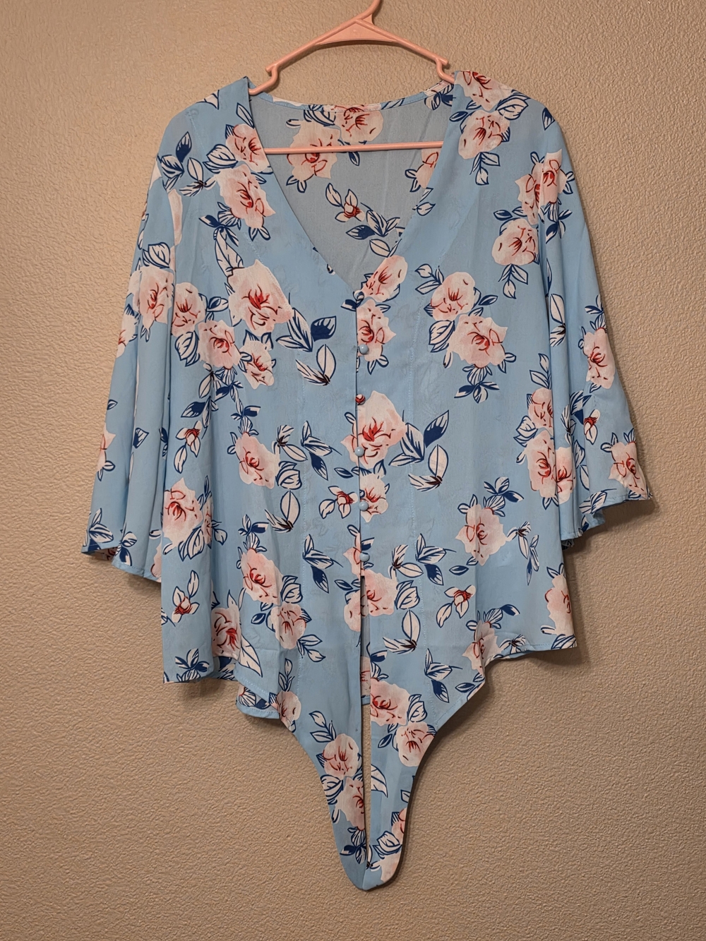 Women’s XL Blue Floral Handkerchief Hem Blouse 3/4 Bell Sleeve Boho